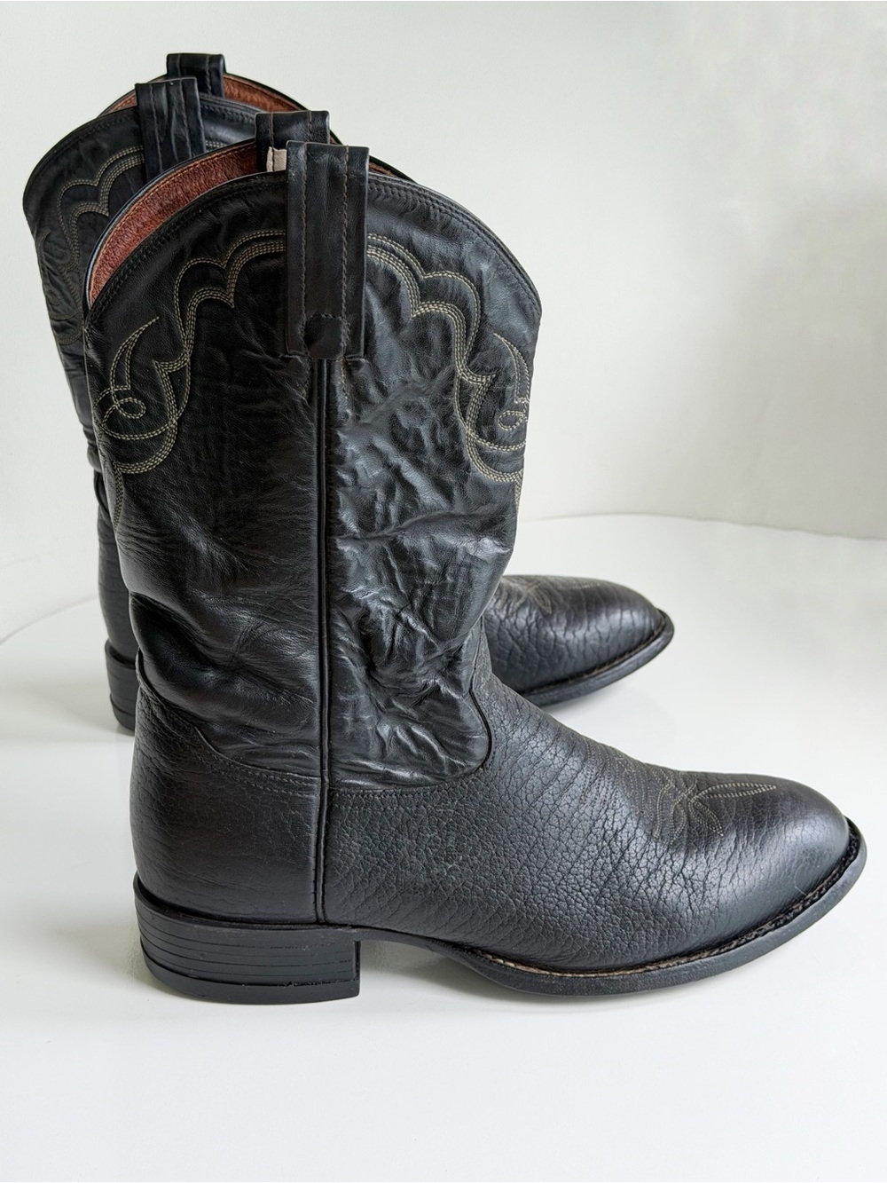 Vintage Tony Lama Black Western Cowboy Boots Roper Style CT456 Made in USA 7.5 D
